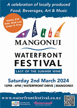 Poster for Mangonui Waterfront Festival 2024 advertising the 'Last of the Summer Wine' event on Saturday 2nd March with details of locally produced food, beverages, art, and music, ticket pricing, and a QR code for the website waterfrontfestival.co.nz.